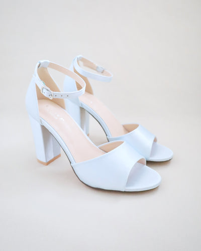 light blue satin block heels wedding shoes