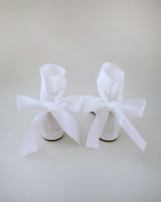 white glitter heel wedding sandals with satin ribbon