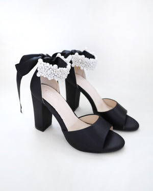 Satin Block Heel Evening Sandals with Perla Ankle Strap