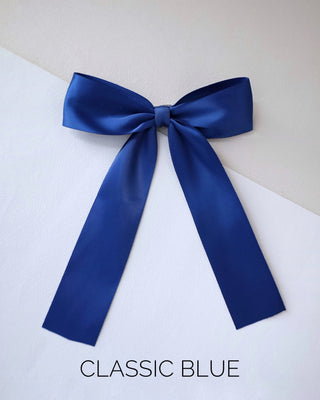 classic blue satin long tail bow hair clip