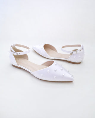 Satin Pointy Toe Flats with Scattered Pearls