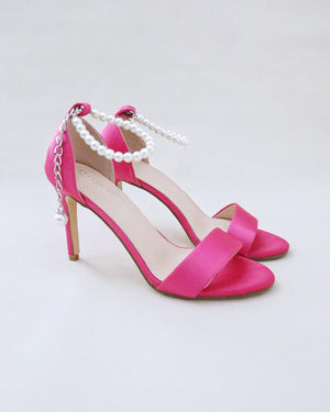 Satin High Heel Evening Sandals with Pearl Strap
