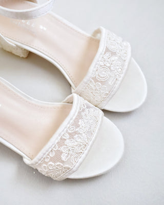 Ivory Lace Low Block Heel Flower Girls Sandals with Back Satin Bow
