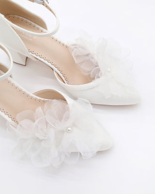 Satin Almond Toe Block Heels Wedding Shoes with Ophelia Flowers