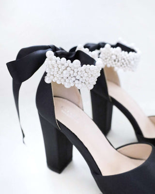 Satin Block Heel Evening Sandals with Perla Ankle Strap