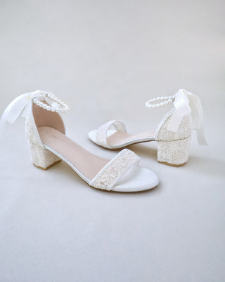 ivory crochet lace wedding heel sandals with pearl strap