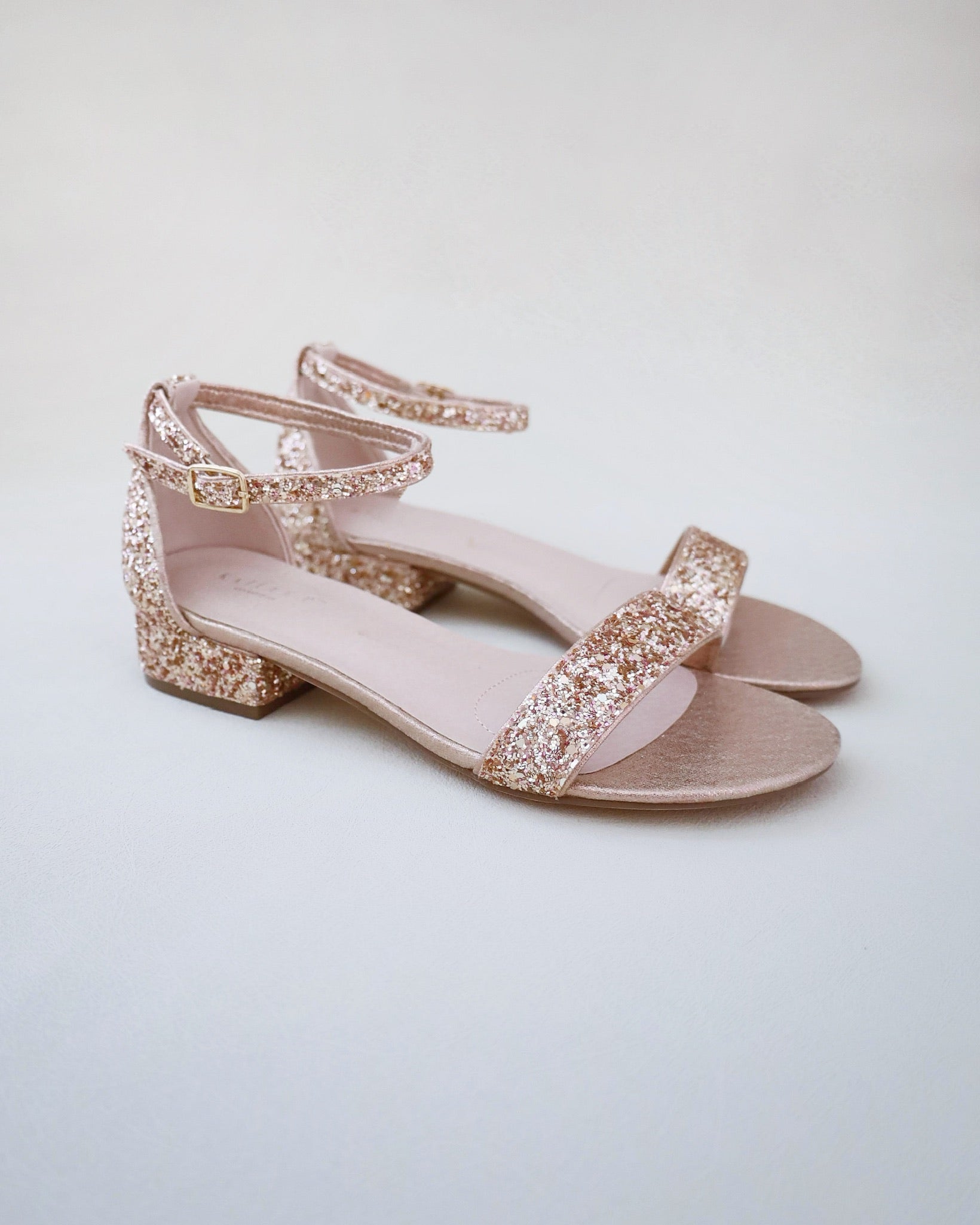 Rose Gold Rock Glitter Low Block Heel Wedding Sandal, Bridesmaid Shoes