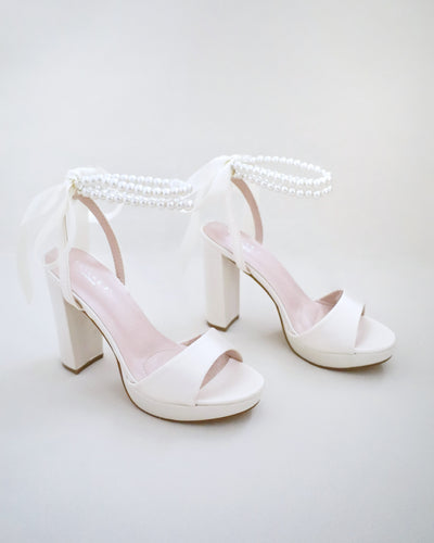 ivory satin platform wedding heels with double pearls ankle strap