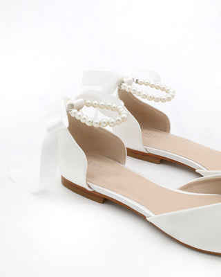 Satin Pointy Toe Bridal Flats with Ribbon Tie or Pearls StrapWomen Shoes