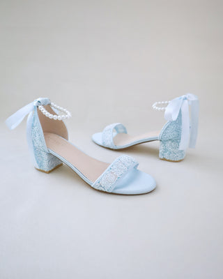 light blue crochet lace wedding heel sandals with pearl strap