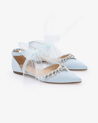 Satin Pointy Toe Flats with Starlet Rhinestones Embellishment and Organza TieWomen Shoes