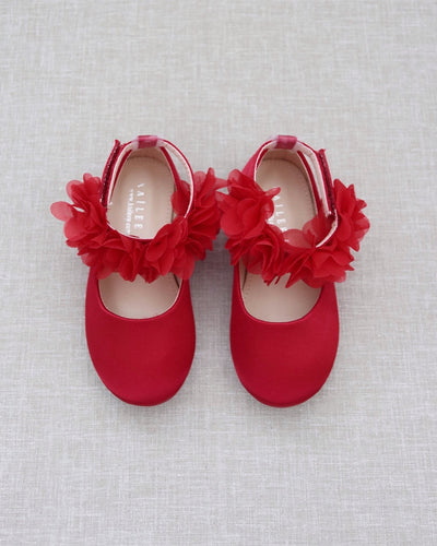 red satin girls flats with chiffon flowers