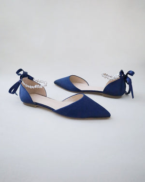 Satin Pointy Toe Evening Flats with Amaryllis Strap