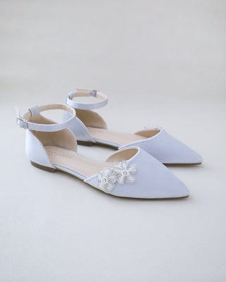 Silver Bridesmaids Satin Flats with Rhinestones Chassia Flower