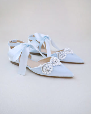 Satin Pointy Toe Flats with Small Pearls Applique Embellishment