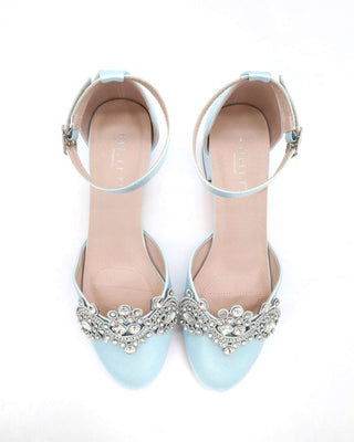 Round Toe Satin Block Heel with Small Rhinestones Applique