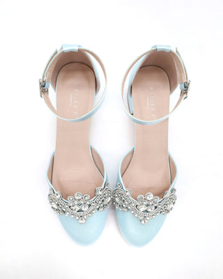 Round Toe Satin Block Heel with Small Rhinestones Applique