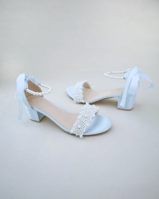 Satin Block Heel Wedding Sandals with Perla Applique and All Pearls Strap