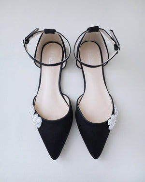 Satin Pointy Toe Evening Flats with Rhinestones Chassia Flower