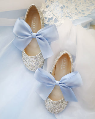 Silver Rock Glitter Mary Jane with Dusty Blue Satin Bow