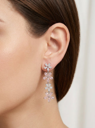 Silver Flower Drop Earring with rhinestones