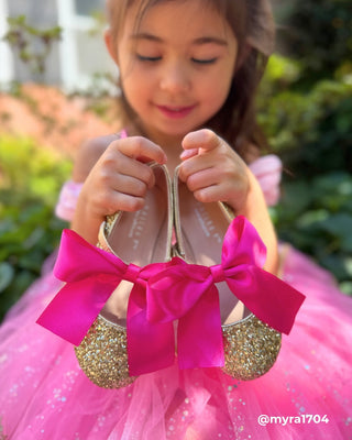 Gold Rock Glitter Mary Jane Flats with Fuchsia Satin BowKids Shoes