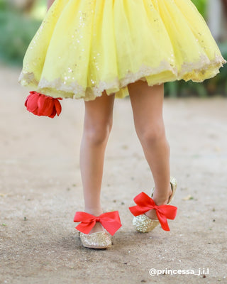 Gold Rock Glitter Mary Jane with Red or Royal Blue Satin Bow