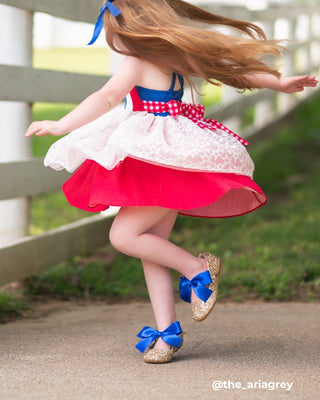 Gold Rock Glitter Mary Jane with Red or Royal Blue Satin BowKids Shoes