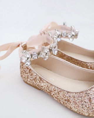 Rock Glitter Ballet Flats with Navette Cluster Rhinestones Strap