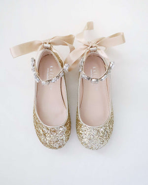 Rock Glitter Ballet Flats with Navette Cluster Rhinestones Strap