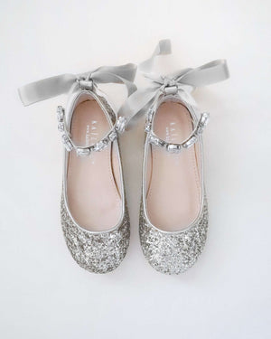 Rock Glitter Ballet Flats with Navette Cluster Rhinestones Strap