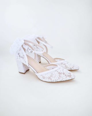 lace block heel white wedding shoes