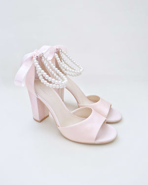 Satin Block Heel Evening Sandals with Double Pearls Strap