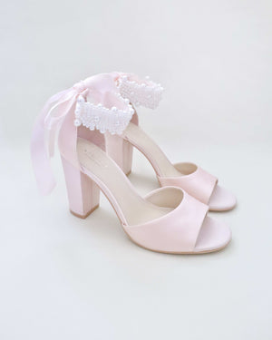 Satin Block Heel Evening Sandals with Perla Ankle Strap