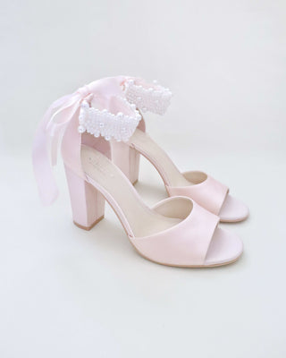 Dusty Pink Satin Block Heel Evening Sandals with Perla Ankle Strap
