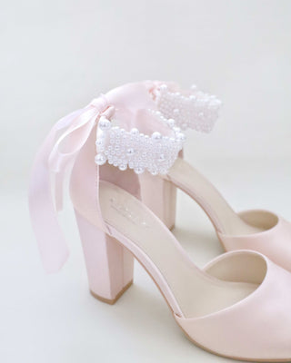 Dusty Pink Satin Block Heel Evening Sandals with Perla Ankle Strap