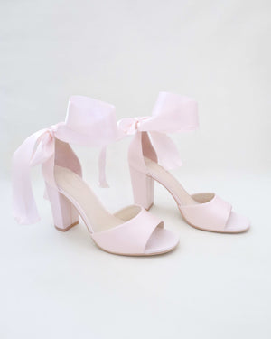 Satin Block Heel Evening Sandals with Wrapped Tie