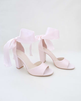 Satin Block Heel Evening Sandals with Wrapped Tie