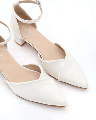 Satin Pointy Toe Low Block Heels Wedding Shoes with Mini Pearls