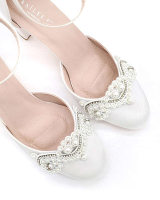 Satin Wedding Block Heel with Small Pearls Applique