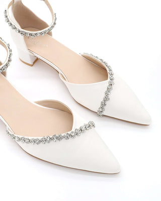 Satin Pointy Toe Low Block Heels Wedding Shoes with Amaryllis Embellishments