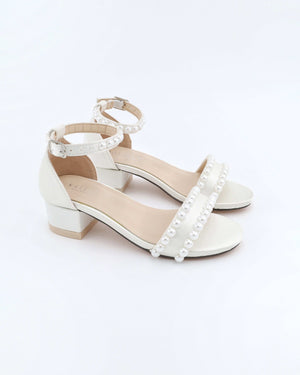 Girls Satin Block Heel Sandals with Pearls