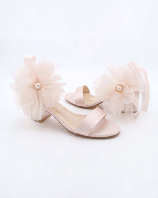 Dusty Pink Satin Block Heel Evening Sandals with Ophelia Flowers