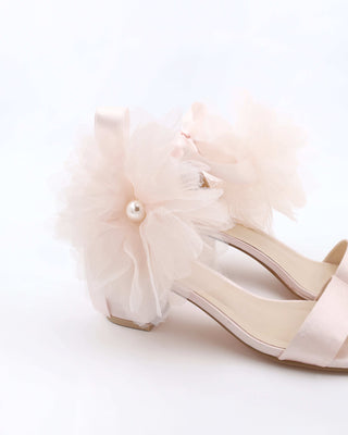Dusty Pink Satin Block Heel Evening Sandals with Ophelia Flowers