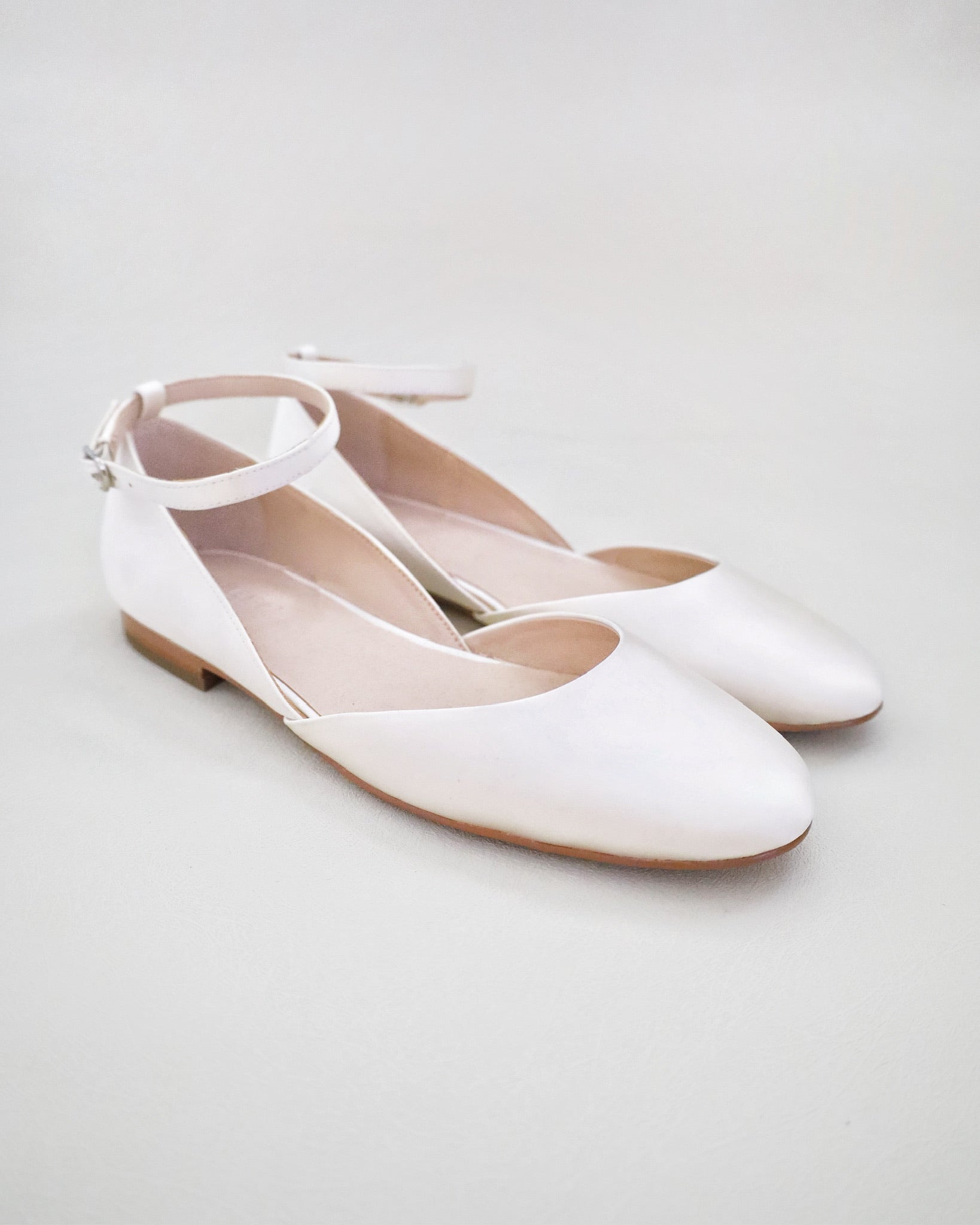 Ivory Satin Round Toe Flat with Ankle Strap, Bridal Shoes