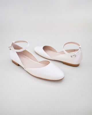 ivory satin flats wedding shoes with ankle strap