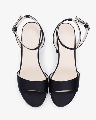 Black Satin Platform Block Heel Evening Sandals, Women Shoes