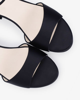 Black Satin Platform Block Heel Evening Sandals, Women Shoes