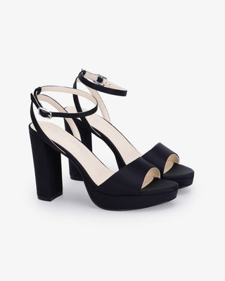 Black Satin Platform Block Heel Evening Sandals, Women Shoes