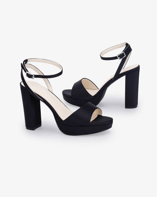 Black Satin Platform Block Heel Evening Sandals, Women Shoes